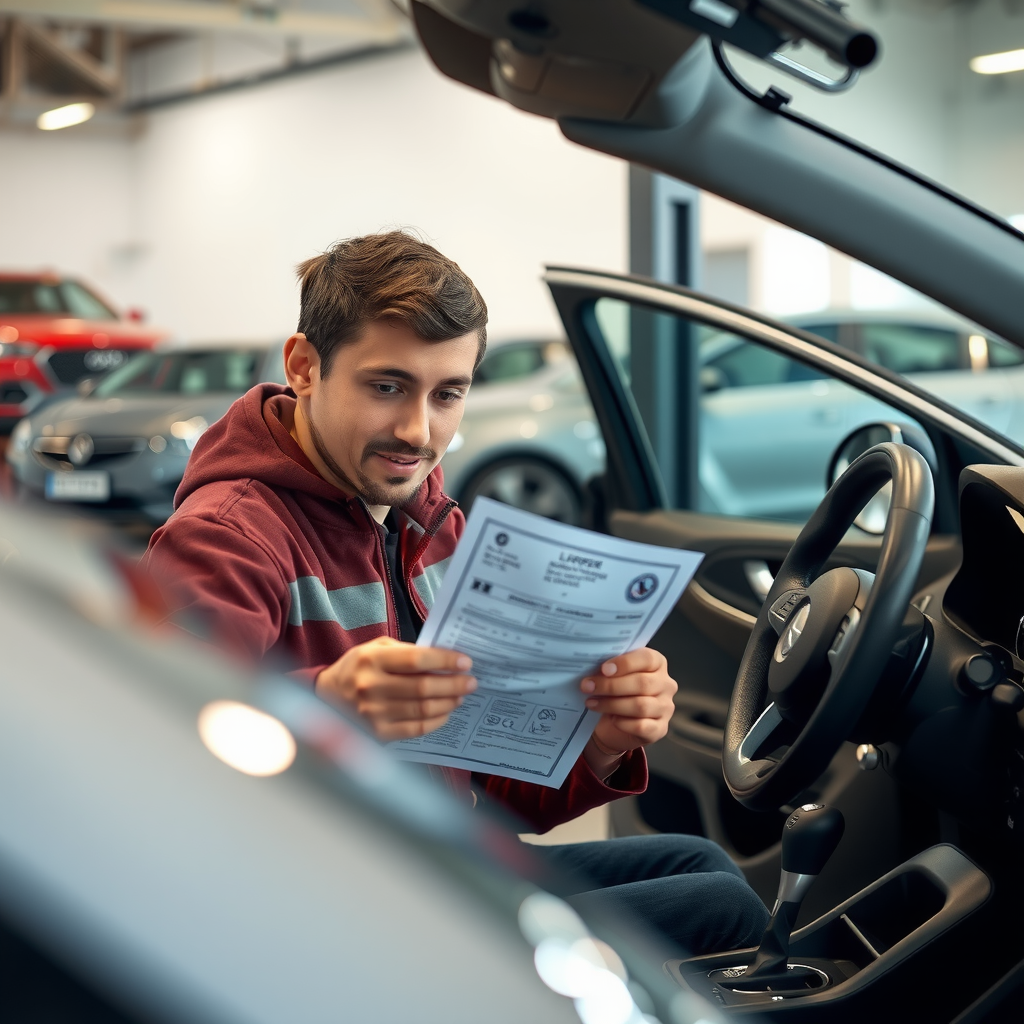Young person inspecting a used car with a checklist, examining the exterior and interior details, Argentine dealership setting with certified vehicles in background