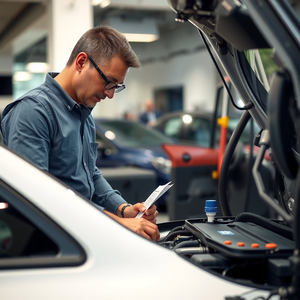 Comprador inspeccionando cuidadosamente un auto usado en un concesionario argentino, revisando el motor y la documentación del vehículo con un vendedor profesional