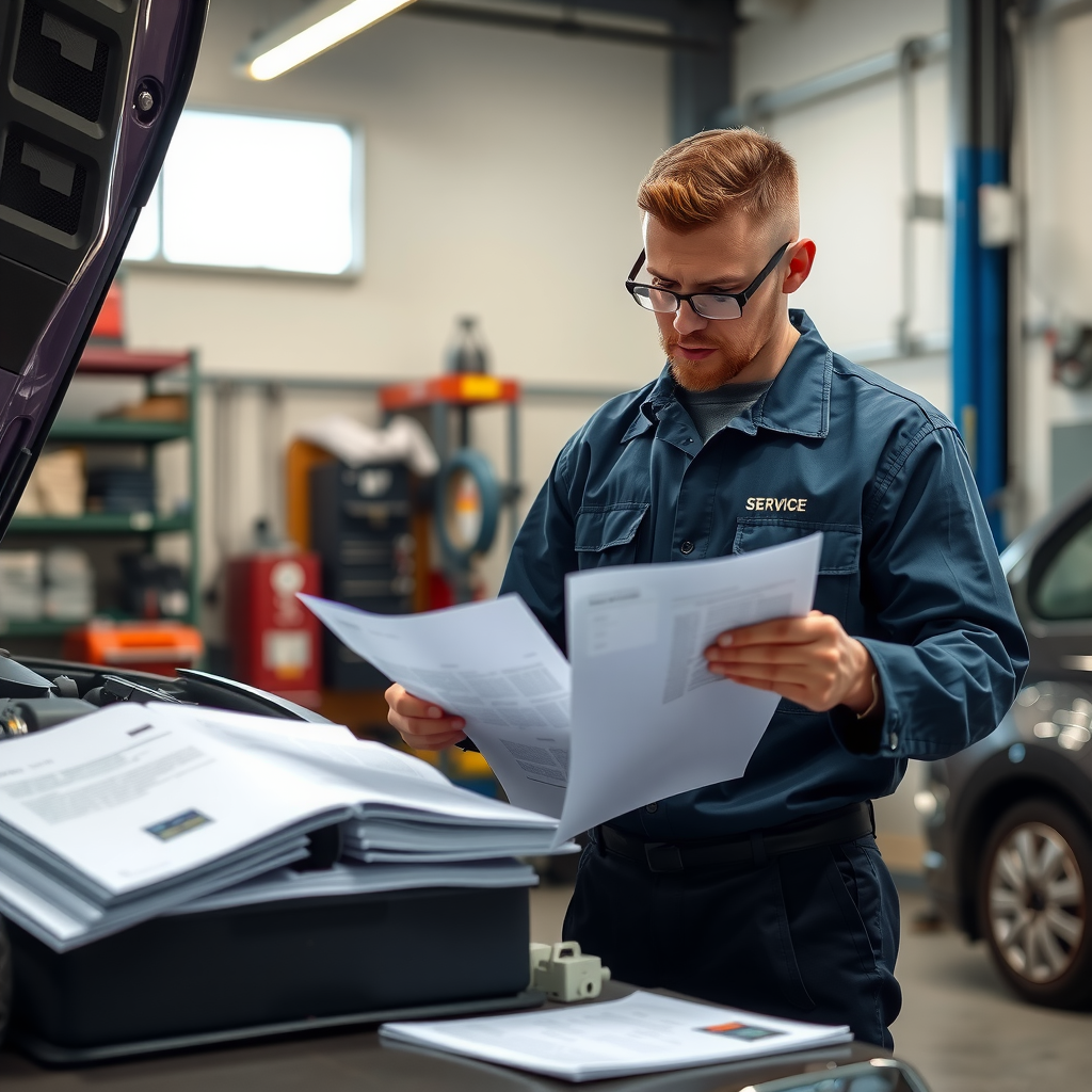 Mecánico profesional revisando documentos de historial de mantenimiento junto a un vehículo usado en un taller automotriz bien iluminado, con carpetas de servicio y registros de reparación sobre una mesa de trabajo