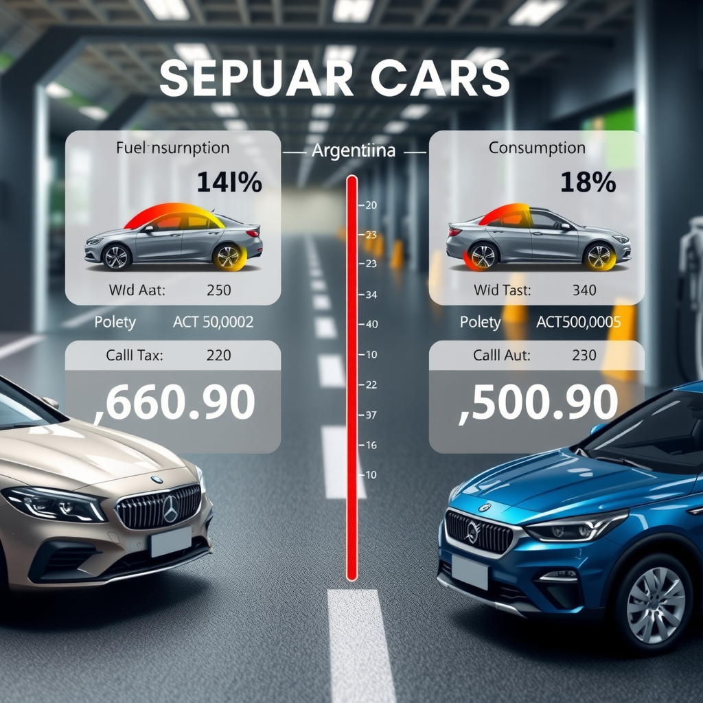 Comparación visual de diferentes modelos de autos usados en Argentina mostrando indicadores de eficiencia de combustible, con gráficos de consumo y calculadoras de costos, fondo moderno con elementos de ruta y surtidores de combustible