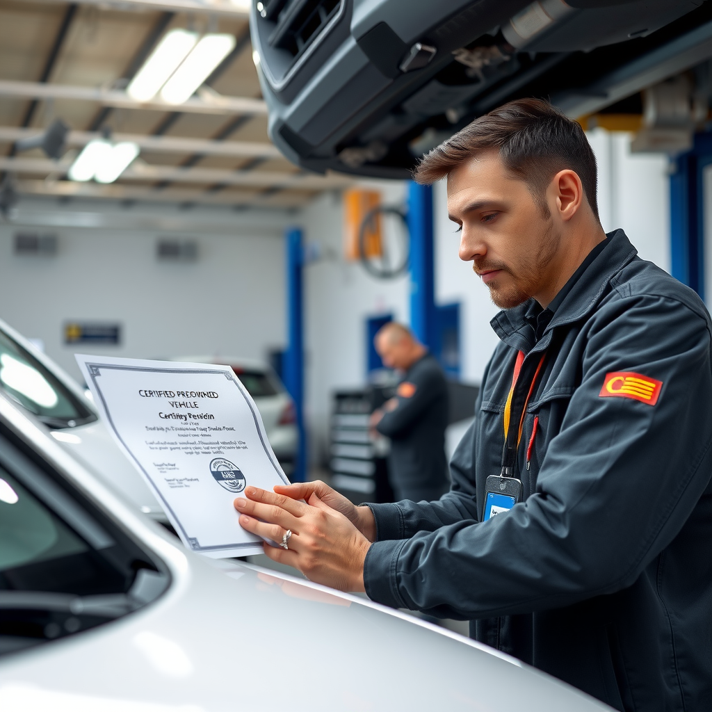 Proceso de certificación de vehículos usados mostrando un mecánico profesional realizando inspección detallada con herramientas de diagnóstico, certificado de calidad y sello de aprobación, ambiente de taller moderno y limpio
