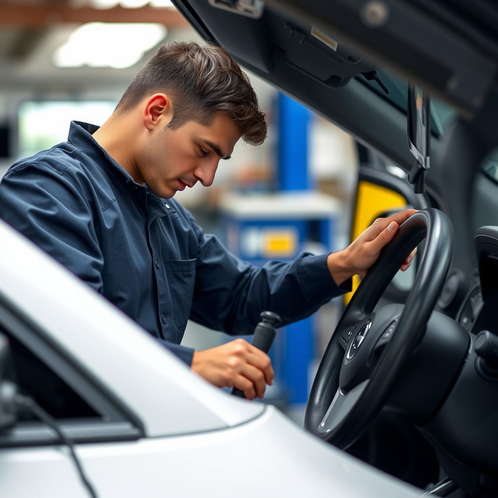 Mechanic performing detailed inspection on certified used car, checking engine and safety features, official certification badge visible, professional automotive workshop in Argentina