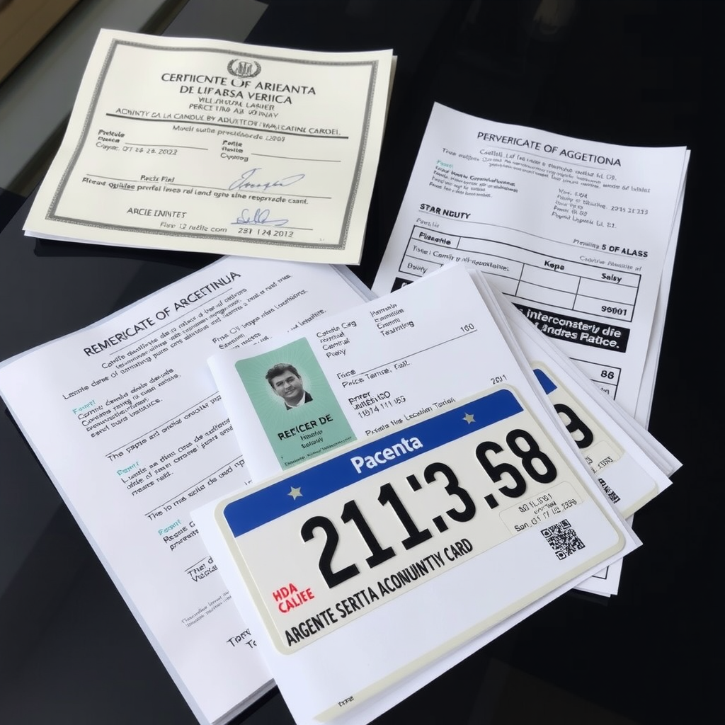 Documentos importantes de un vehículo argentino incluyendo título de propiedad, cédula verde, verificación policial y comprobantes de pago de patente organizados sobre una mesa