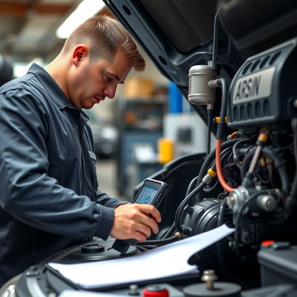 Mecánico certificado realizando inspección detallada del motor de un vehículo usado, con herramientas de diagnóstico electrónico y checklist de puntos de control en taller profesional