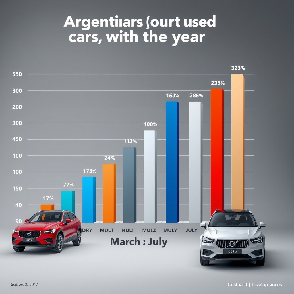 Gráfico de barras mostrando la variación de precios promedio de autos usados en Argentina a lo largo de los 12 meses del año, destacando marzo y julio como los meses con mejores ofertas