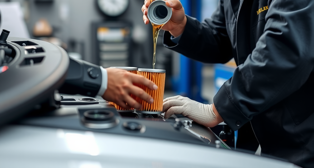 Técnico automotriz realizando cambio de aceite en un taller certificado, mostrando aceite nuevo siendo vertido en el motor de un vehículo, con herramientas profesionales y filtros de aceite nuevos visibles
