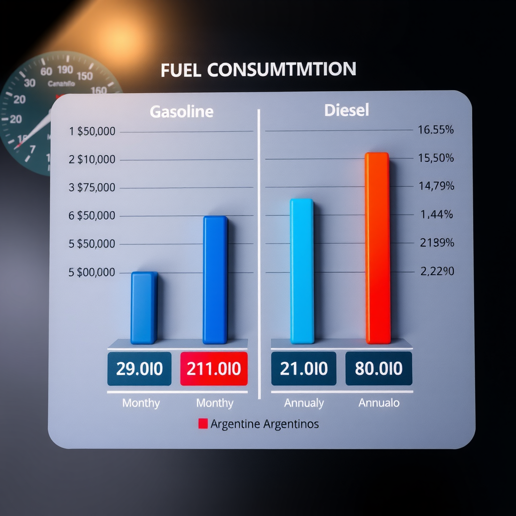 Gráfico comparativo detallado mostrando barras de consumo de combustible entre diferentes tipos de motores nafteros y diésel, con indicadores de costos mensuales y anuales en pesos argentinos, fondo profesional con elementos de medición