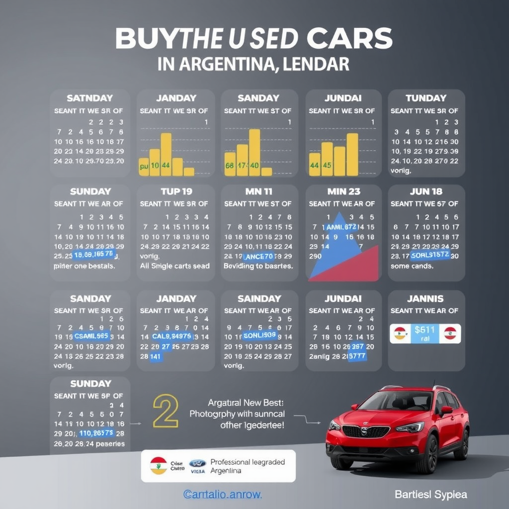 Calendario anual mostrando las mejores temporadas para comprar autos usados en Argentina, con gráficos de tendencias de precios, iconos de estaciones del año y concesionario con ofertas especiales, diseño informativo y profesional