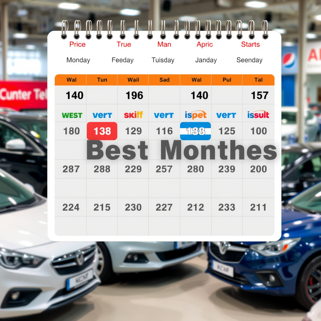 Calendar showing best months for car purchases with price tags and seasonal indicators, Argentine car dealership lot with various vehicles, weather patterns and market trends visualization