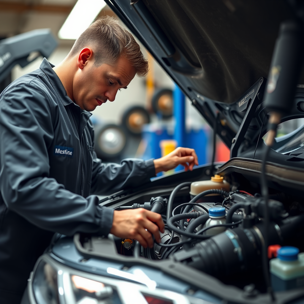 Mecánico profesional realizando una inspección detallada del motor de un auto usado, revisando niveles de fluidos, correas y componentes mecánicos en un taller certificado