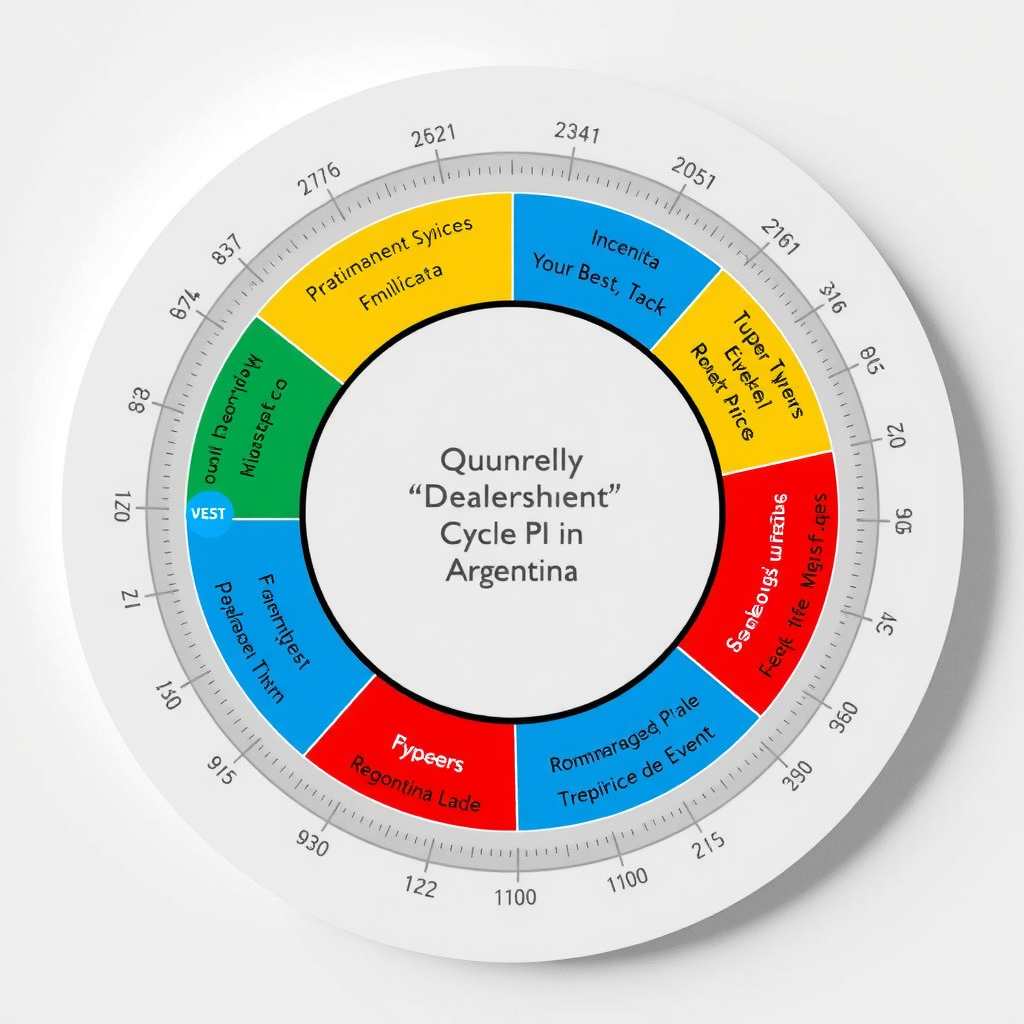 Diagrama circular mostrando el ciclo trimestral de inventario de concesionarios en Argentina, con indicadores de los mejores momentos para negociar precios y obtener descuentos