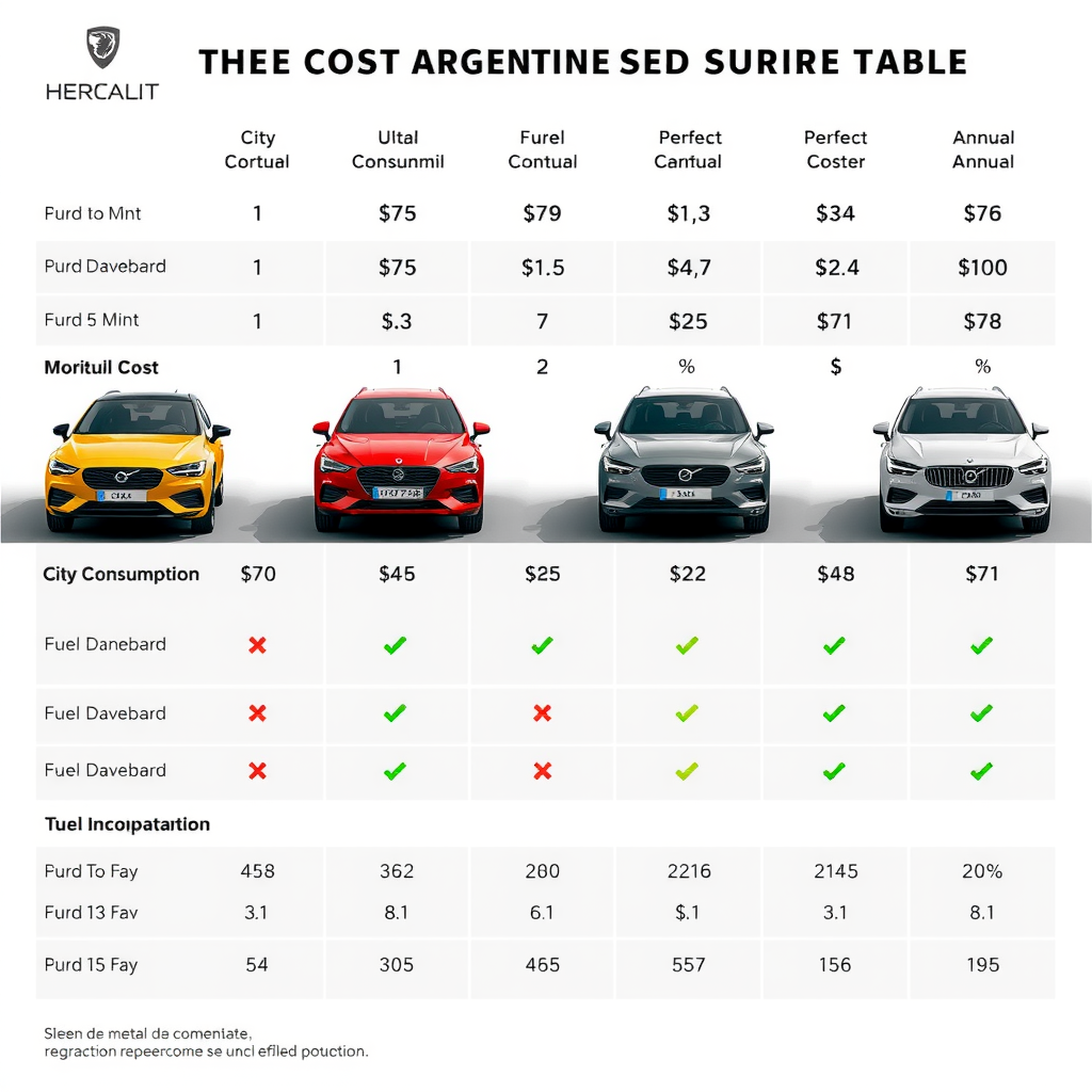 Tabla comparativa completa mostrando diferentes modelos de autos usados argentinos con columnas de consumo urbano, consumo en ruta, costos mensuales y anuales, destacando los modelos más eficientes con indicadores visuales verdes