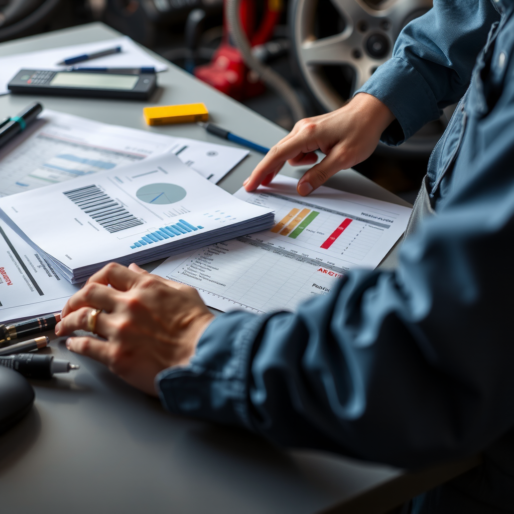Service records and maintenance documents spread on desk, vehicle history report with detailed repair logs, mechanic reviewing car maintenance schedule, Argentine automotive documentation