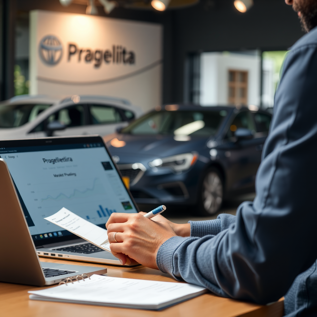 Persona investigando valores de mercado de autos usados en Argentina usando una computadora portátil, comparando precios en diferentes plataformas y tomando notas detalladas