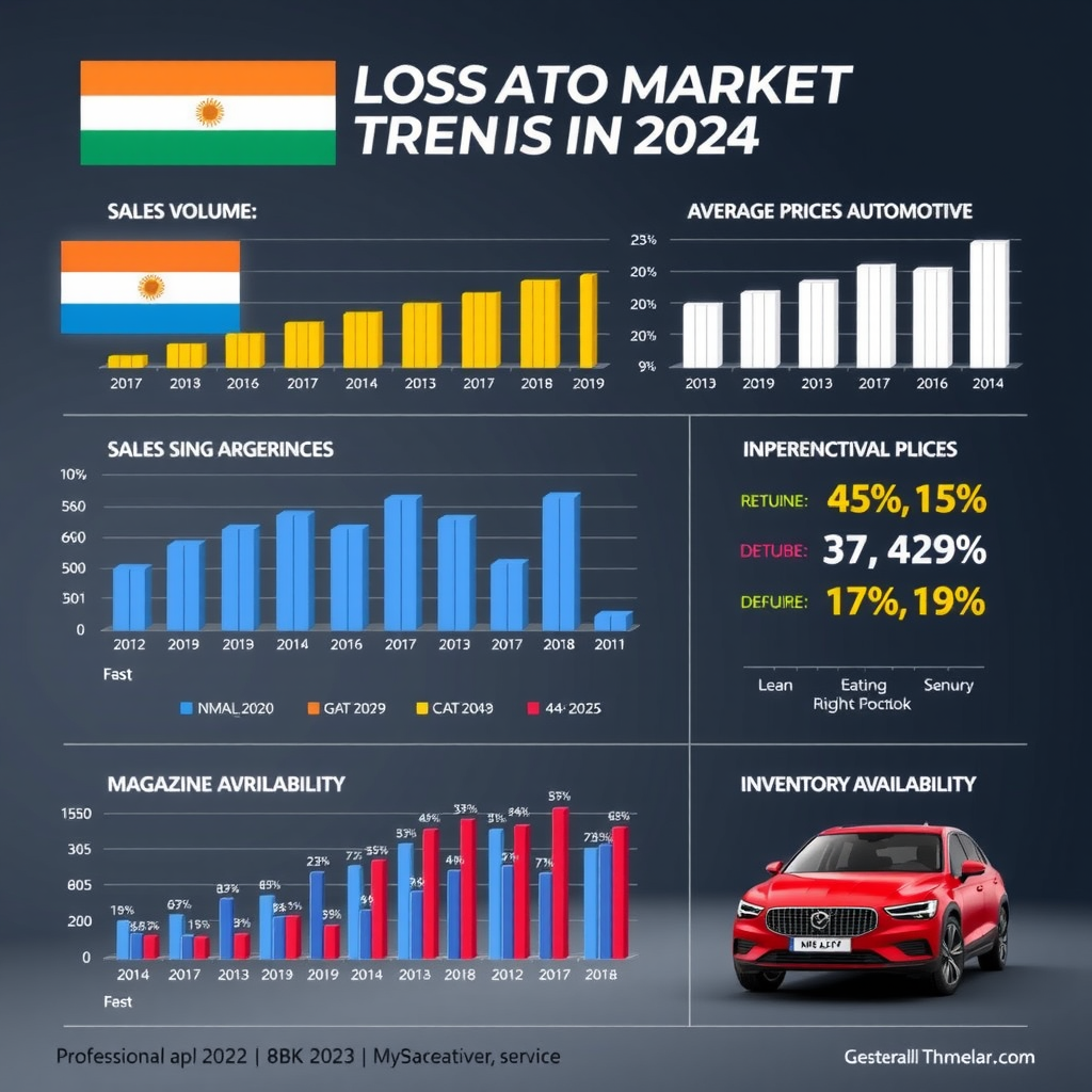 Infografía detallada mostrando las tendencias del mercado automotor argentino en 2024, incluyendo gráficos de volumen de ventas, precios promedio y disponibilidad de inventario por mes