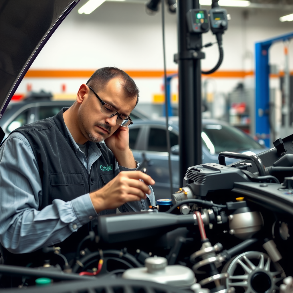 Inspector profesional realizando una inspección mecánica completa de un vehículo usado, revisando el motor, suspensión y componentes críticos con herramientas de diagnóstico en un taller certificado