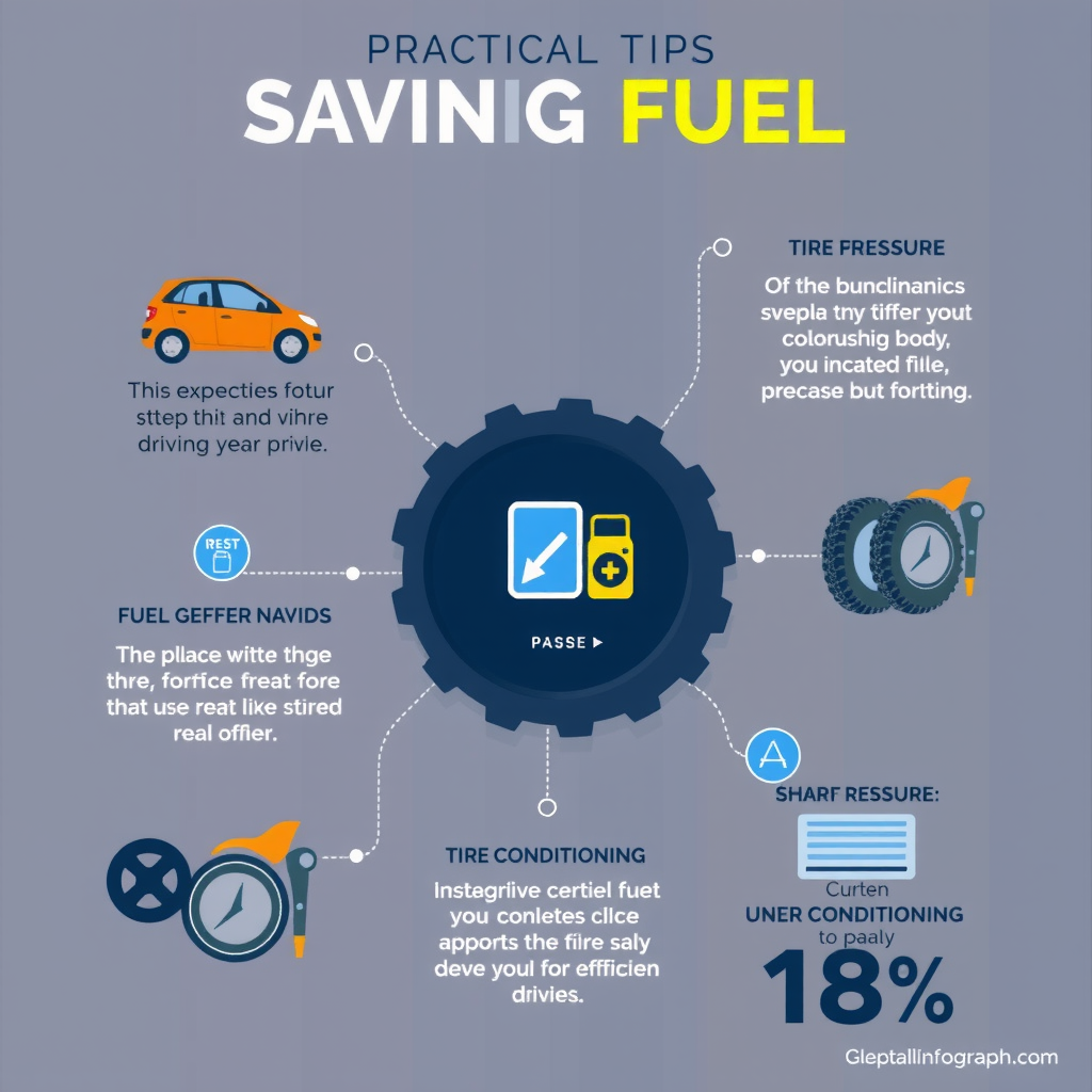 Infografía visual mostrando consejos prácticos para ahorrar combustible, con iconos ilustrativos de conducción eficiente, mantenimiento del vehículo, presión de neumáticos y uso del aire acondicionado, diseño moderno y educativo