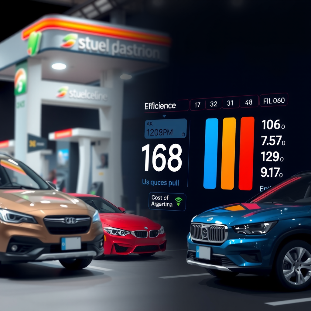 Fuel gauge and efficiency comparison chart, different car models with consumption ratings, gas station in Argentina, eco-friendly vehicle options, cost calculation display
