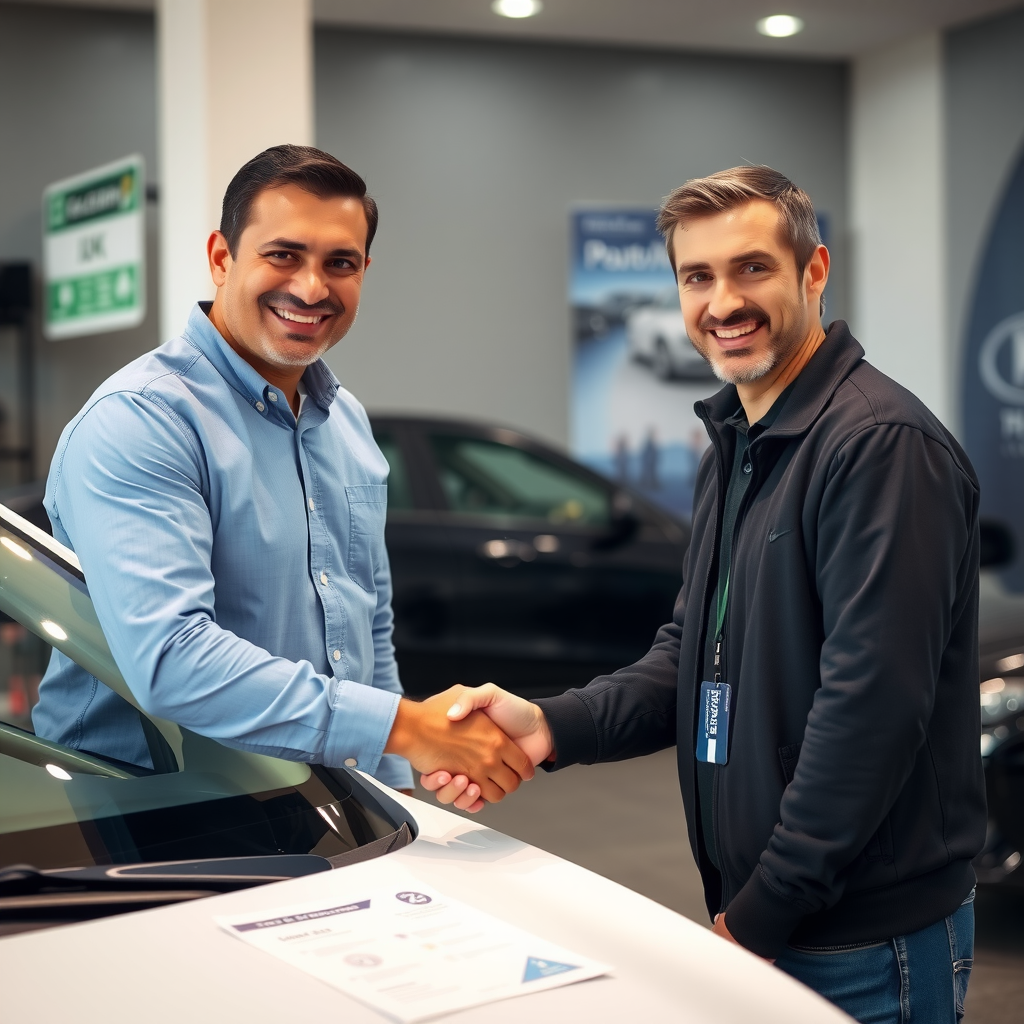 Comprador feliz recibiendo las llaves de su primer auto usado en Argentina, estrechando la mano del vendedor frente al vehículo con documentación completa sobre el capó