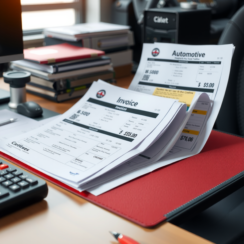 Carpeta organizada con documentos de servicio automotriz, facturas de mantenimiento, registros de reparación y certificados de inspección técnica vehicular dispuestos sobre un escritorio profesional